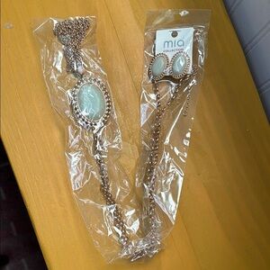 Mia Collection Necklace Earring Set Gold Blue Green Peach Gem Tassel Costume